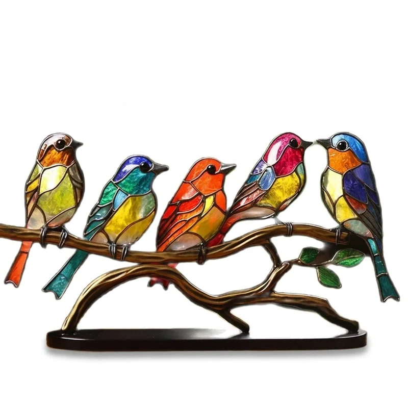 Decoratieve Glazen Vogels op Tak — Kleurrijke Bureaubladornamenten voor Natuur in je Interieur | Sansoti