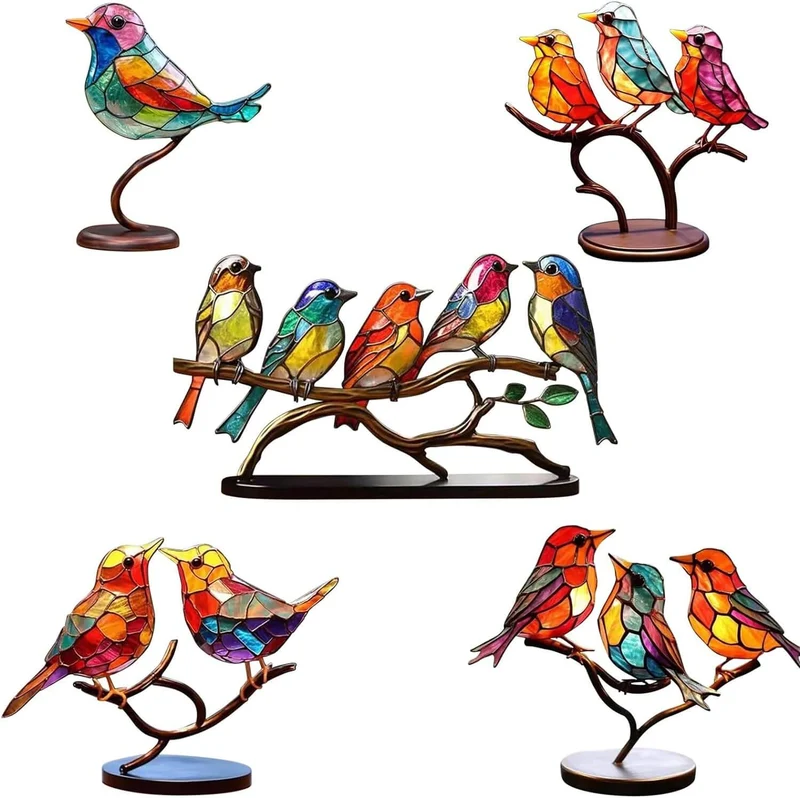 Decoratieve Glazen Vogels op Tak — Kleurrijke Bureaubladornamenten voor Natuur in je Interieur | Sansoti