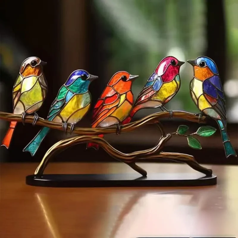 Decoratieve Glazen Vogels op Tak — Kleurrijke Bureaubladornamenten voor Natuur in je Interieur | Sansoti