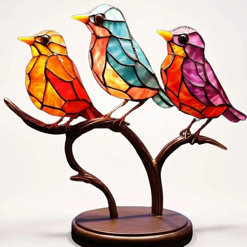 Decoratieve Glazen Vogels op Tak — Kleurrijke Bureaubladornamenten voor Natuur in je Interieur | Sansoti