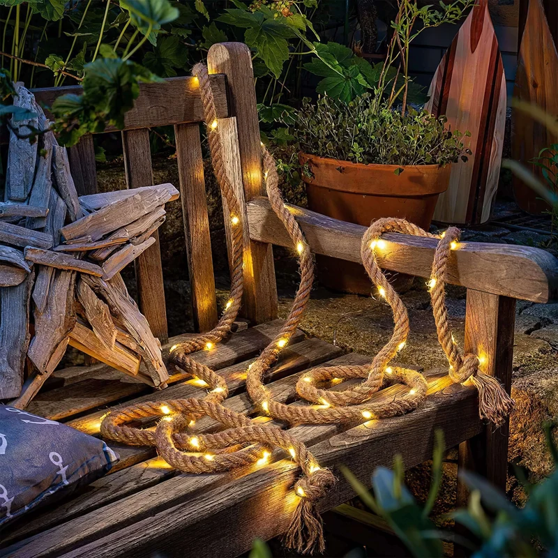 Natuurlijk Decoratief Hanfseil met Geïntegreerde LED-Lichtsnoer Warmwit 4,5 m Rustieke Sfeerlichtslinger voor Binnen en Buiten | Sansoti