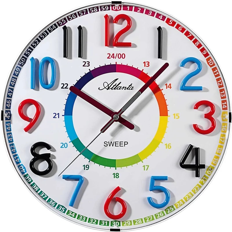 Atlanta Wanduhr 33 cm Ø Kunststoff • Geräuschlos • Lernzifferblatt