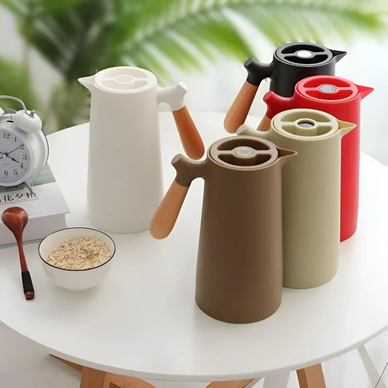 Vacuüm Isoleerkan met Houten Handvat 1 Liter | Thermosfles voor Koffie Thee Water | Dubbelwandige Thermoskan met Drukknop | Sansoti