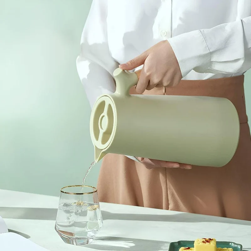 Vacuüm Isoleerkan met Houten Handvat 1 Liter | Thermosfles voor Koffie Thee Water | Dubbelwandige Thermoskan met Drukknop | Sansoti