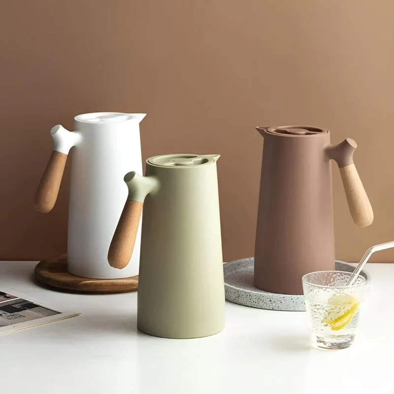 Vacuüm Isoleerkan met Houten Handvat 1 Liter | Thermosfles voor Koffie Thee Water | Dubbelwandige Thermoskan met Drukknop | Sansoti