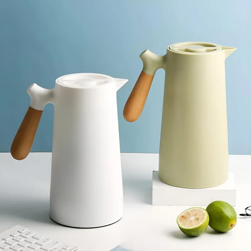Vacuüm Isoleerkan met Houten Handvat 1 Liter | Thermosfles voor Koffie Thee Water | Dubbelwandige Thermoskan met Drukknop | Sansoti