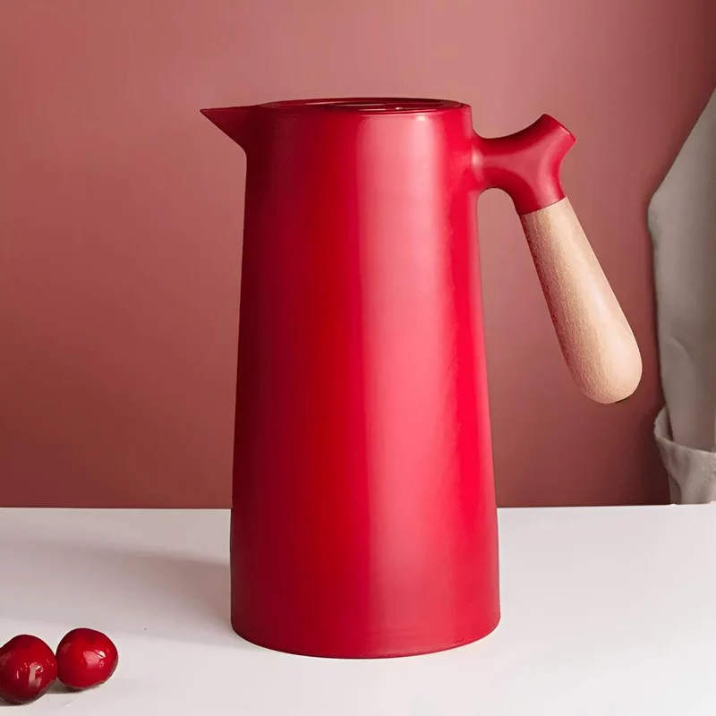 Vacuüm Isoleerkan met Houten Handvat 1 Liter | Thermosfles voor Koffie Thee Water | Dubbelwandige Thermoskan met Drukknop | Sansoti