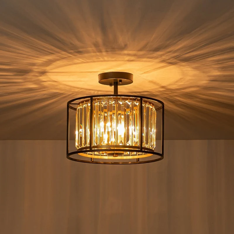 Minimalistische Semi-Plafondlamp met Kristallen Accenten 3-Lichtpunten Zwart-Gouden Afwerking Drumvormig Frame E12 Fitting | Sansoti