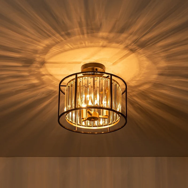Minimalistische Semi-Plafondlamp met Kristallen Accenten 3-Lichtpunten Zwart-Gouden Afwerking Drumvormig Frame E12 Fitting | Sansoti
