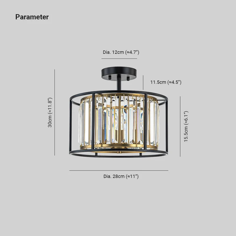 Minimalistische Semi-Plafondlamp met Kristallen Accenten 3-Lichtpunten Zwart-Gouden Afwerking Drumvormig Frame E12 Fitting | Sansoti