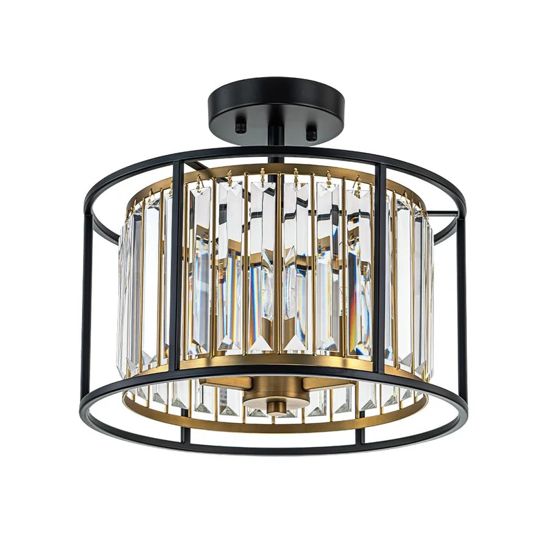 Minimalistische Semi-Plafondlamp met Kristallen Accenten 3-Lichtpunten Zwart-Gouden Afwerking Drumvormig Frame E12 Fitting | Sansoti