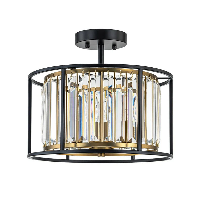 Minimalistische Semi-Plafondlamp met Kristallen Accenten 3-Lichtpunten Zwart-Gouden Afwerking Drumvormig Frame E12 Fitting | Sansoti