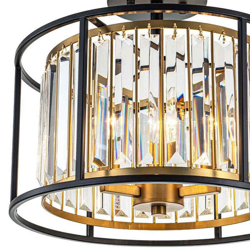 Minimalistische Semi-Plafondlamp met Kristallen Accenten 3-Lichtpunten Zwart-Gouden Afwerking Drumvormig Frame E12 Fitting | Sansoti