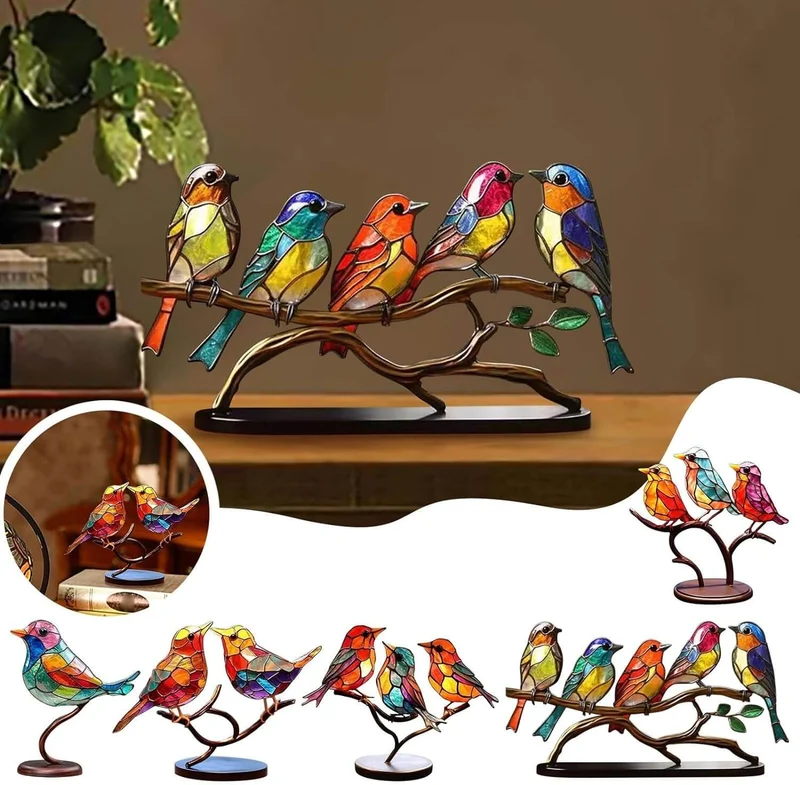 Glazen Vogelfiguren op Glazen Tak Decoratie – Set van 1, 2, 3 of 5 Vogels – Handgemaakte Sierlijke Tafeldecoratie met Gekleurde Glazen Vogeltjes – Interieurobject | Sansoti