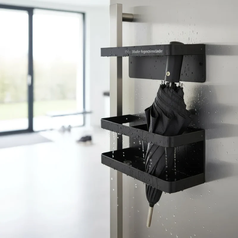 Compacte Parapluhouder Wandmontage Zwart IJzer met Lekbak voor Hal – Ruimtebesparend & Praktisch | Sansoti