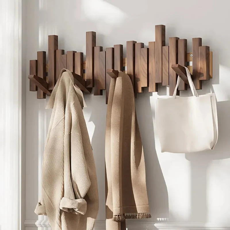 Wandkapstok met Magnetische Opvouwhaken - Scandinavisch Design - 4 tot 10 Haken - Modern Essenhout of Walnoot - Ruimtebesparend Hallway Organizer - Sleutellochophanging | Sansoti