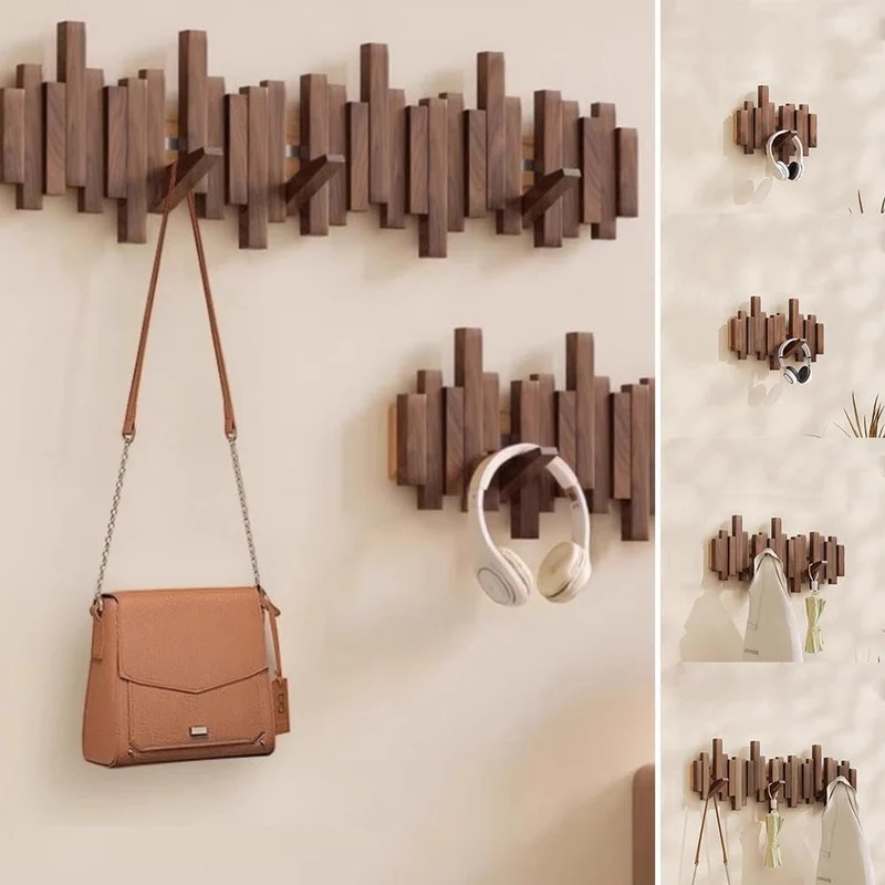 Wandkapstok met Magnetische Opvouwhaken - Scandinavisch Design - 4 tot 10 Haken - Modern Essenhout of Walnoot - Ruimtebesparend Hallway Organizer - Sleutellochophanging | Sansoti