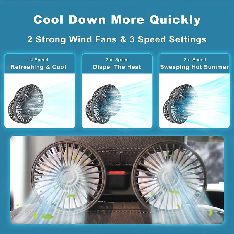Draagbare Autoventilator met Dubbele Kop 360° Verstelbaar USB Oplaadbaar 3 Snelheden Hoofdsteun Nekkoeler voor Auto Huis Camper | Sansoti