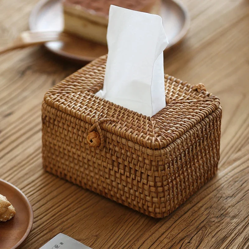 Handgevlochten Rattan Tissuebox met Deksel – Natuurlijke Opbergbox voor Tissues Woonkamer Slaapkamer Kantoor | Sansoti