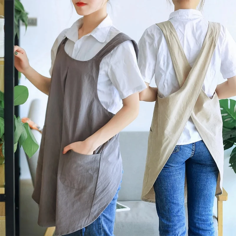 Koreaans geïnspireerd cross-back schort – linnen katoenen keukenschort met kruisbanden en zakken – tuinschort voor koken en bakken | Sansoti