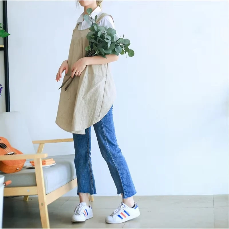 Koreaans geïnspireerd cross-back schort – linnen katoenen keukenschort met kruisbanden en zakken – tuinschort voor koken en bakken | Sansoti