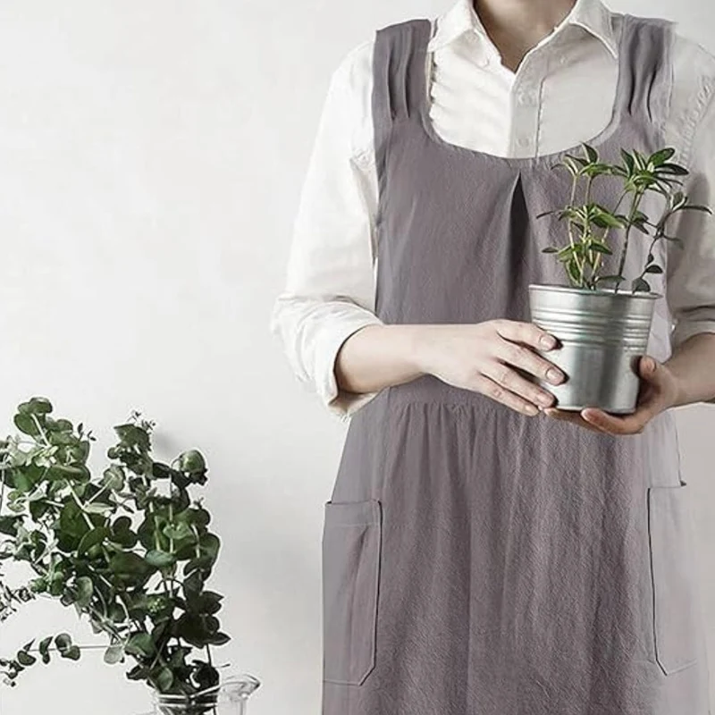 Koreaans geïnspireerd cross-back schort – linnen katoenen keukenschort met kruisbanden en zakken – tuinschort voor koken en bakken | Sansoti