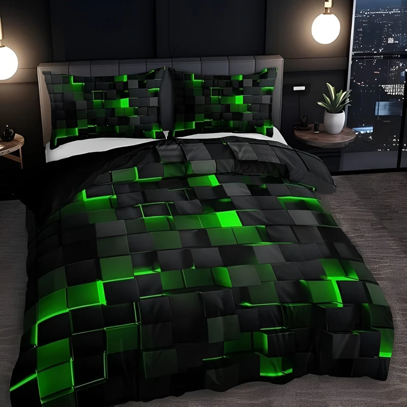 Geometrisch Dekbedovertrek Set met Neon 3D Grid Print | Ademend Microfiber Katoen voor Comfortabele Slaap | Modern Slaapkamer Textiel in Meerdere Kleuren Twin Full Queen King | Sansoti