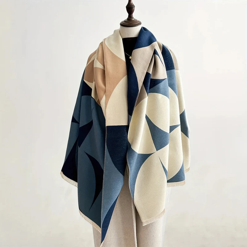 Omkeerbare Sjaal met Geometrisch Blokdesign Warm Zachte Microvezel Poncho voor Herfst en Winter | Sansoti