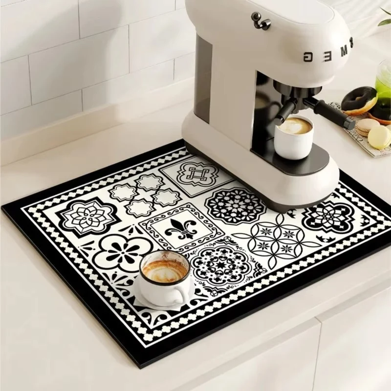 Retro Design Absorberend Koffiemat – Sneldrogend Waterbestendig Rubber – Vintage Tegelmotief Droogmat voor Koffiehoek Aanrecht Vaatdroger | Sansoti