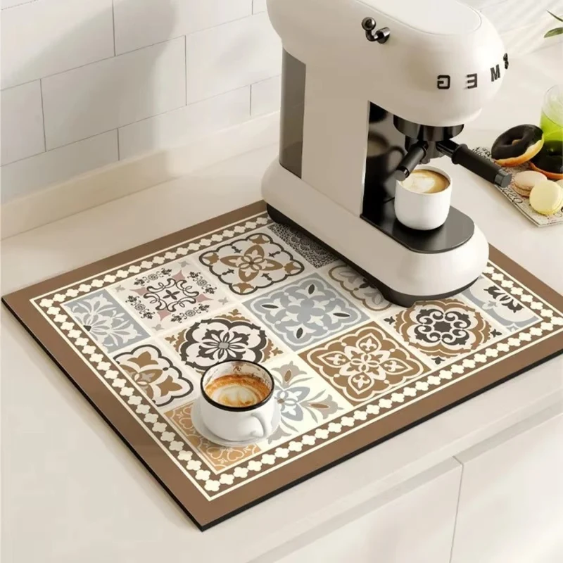 Retro Design Absorberend Koffiemat – Sneldrogend Waterbestendig Rubber – Vintage Tegelmotief Droogmat voor Koffiehoek Aanrecht Vaatdroger | Sansoti