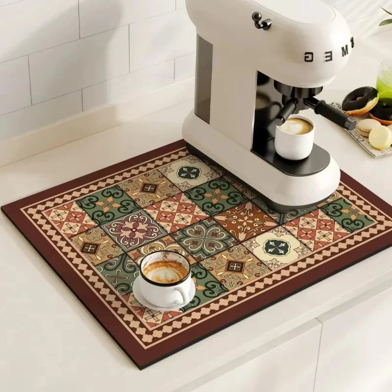 Retro Design Absorberend Koffiemat – Sneldrogend Waterbestendig Rubber – Vintage Tegelmotief Droogmat voor Koffiehoek Aanrecht Vaatdroger | Sansoti