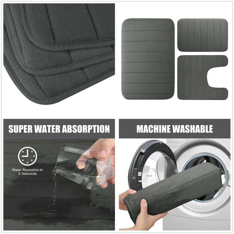 Fluwelen Memory Foam Badmatten Set van 3 Stuks – Waterabsorberend Antislip Badkamertapijt met Zachte Badmat voor Toilet en Douche | Sansoti
