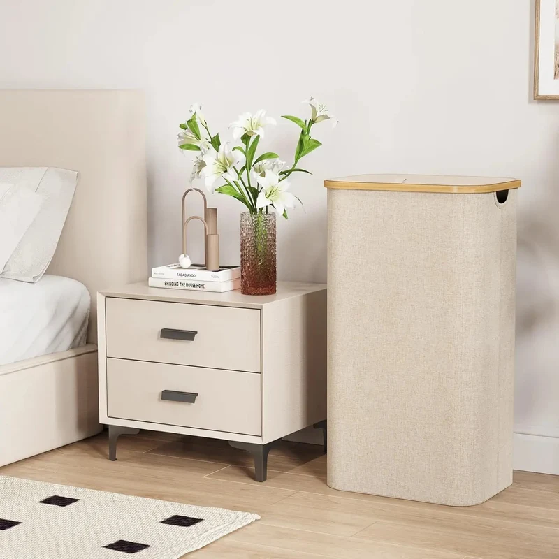 Opvouwbare Wasmand met Deksel 100L Bamboe Handvatten Beige Grijs Zwart Polyester Grote Capaciteit Wasbox | Sansoti