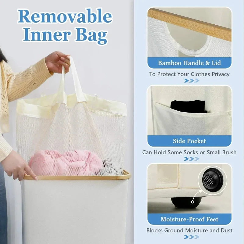 Opvouwbare Wasmand met Deksel 100L Bamboe Handvatten Beige Grijs Zwart Polyester Grote Capaciteit Wasbox | Sansoti