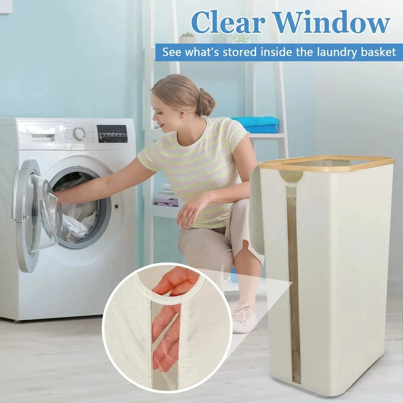 Opvouwbare Wasmand met Deksel 100L Bamboe Handvatten Beige Grijs Zwart Polyester Grote Capaciteit Wasbox | Sansoti