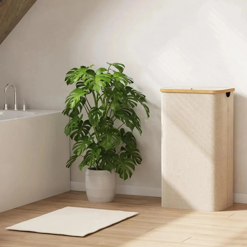 Opvouwbare Wasmand met Deksel 100L Bamboe Handvatten Beige Grijs Zwart Polyester Grote Capaciteit Wasbox | Sansoti
