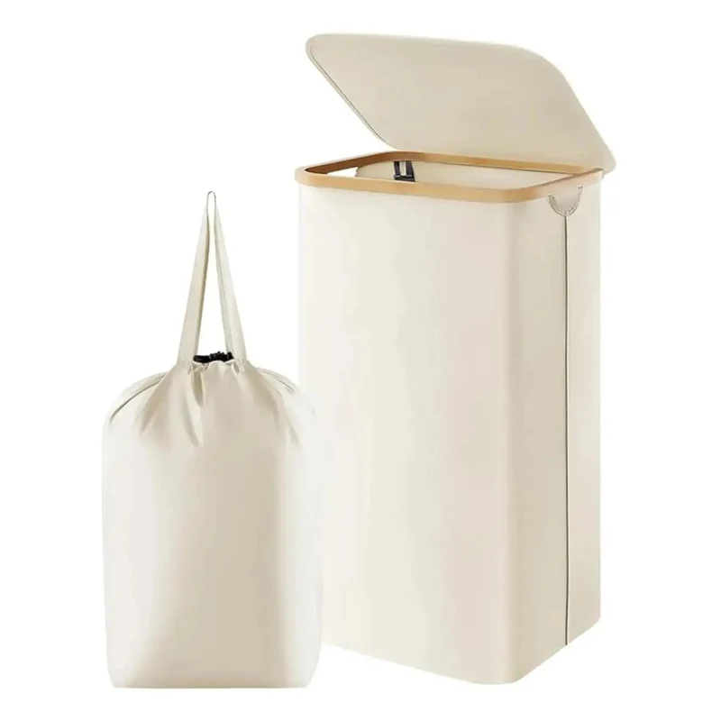 Opvouwbare Wasmand met Deksel 100L Bamboe Handvatten Beige Grijs Zwart Polyester Grote Capaciteit Wasbox | Sansoti