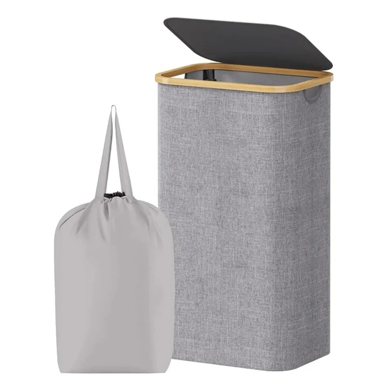 Opvouwbare Wasmand met Deksel 100L Bamboe Handvatten Beige Grijs Zwart Polyester Grote Capaciteit Wasbox | Sansoti