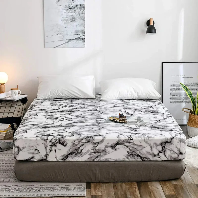 Microfiber Hoeslaken Set met Marmerprint Ademend Weefsel Dagelijks Comfort Diepe Pasvorm Rimpelvrij | Sansoti