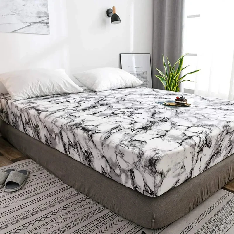 Microfiber Hoeslaken Set met Marmerprint Ademend Weefsel Dagelijks Comfort Diepe Pasvorm Rimpelvrij | Sansoti