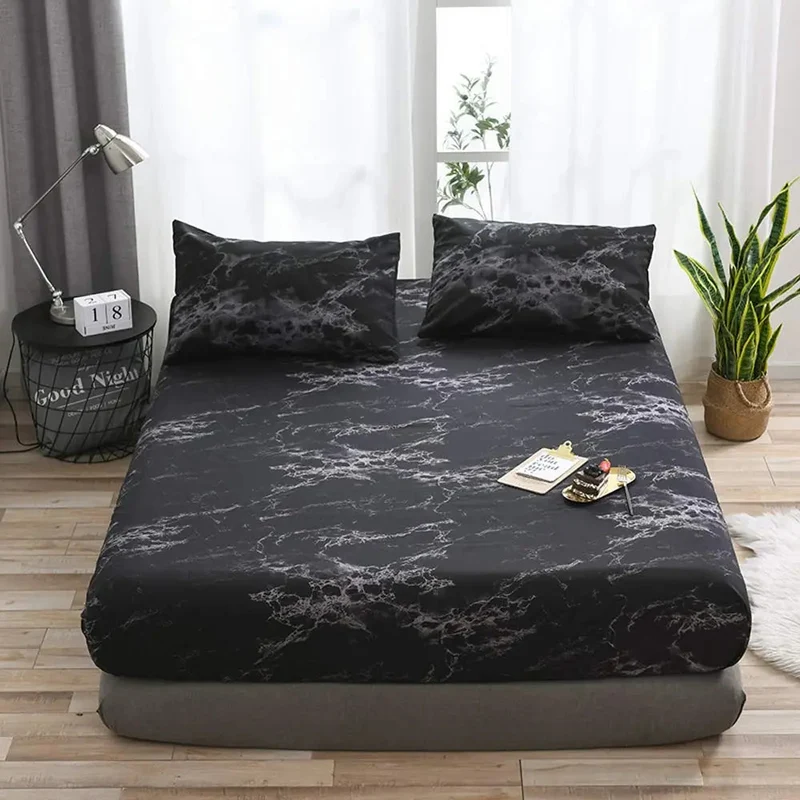Microfiber Hoeslaken Set met Marmerprint Ademend Weefsel Dagelijks Comfort Diepe Pasvorm Rimpelvrij | Sansoti