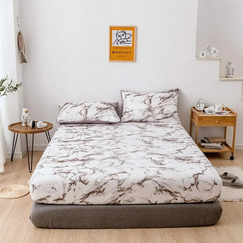 Microfiber Hoeslaken Set met Marmerprint Ademend Weefsel Dagelijks Comfort Diepe Pasvorm Rimpelvrij | Sansoti