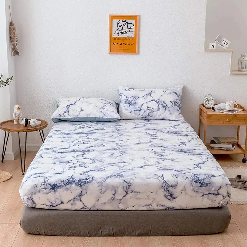 Microfiber Hoeslaken Set met Marmerprint Ademend Weefsel Dagelijks Comfort Diepe Pasvorm Rimpelvrij | Sansoti