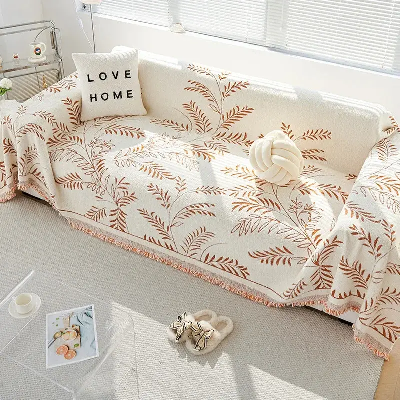 Chenille Jacquard Bankbeschermer met Bladpatroon – Antislip Bankhoes Bescherming | Sansoti