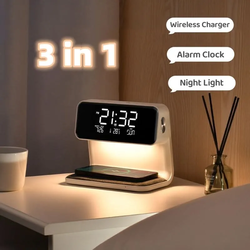 Multifunctioneel LED Wekker met Draadloze Oplader en Dimfunctie - Modern Design voor Nachtkastje | Sansoti