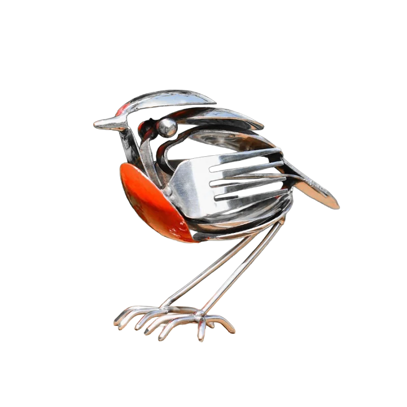 Metalen Vogelbeeldje Roodborstje Gerecycled Bestek Tuindecoratie Uniek Handgemaakt Sculptuur Duurzaam | Sansoti