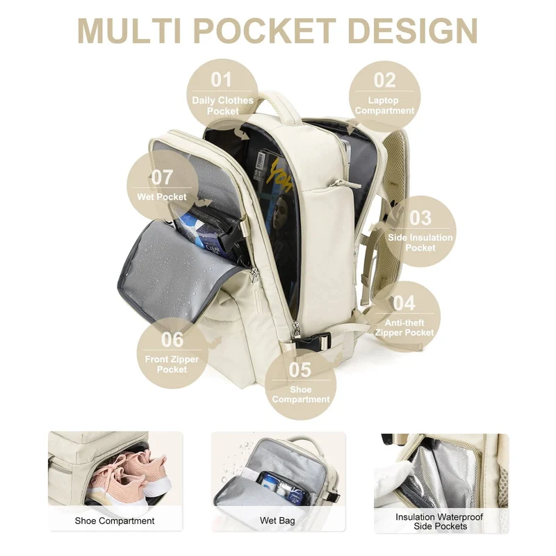 Waterdichte Dames Reistas 35L Multifunctionele Wandelrugzak met USB-Poort en Anti-Diefstal | Sansoti