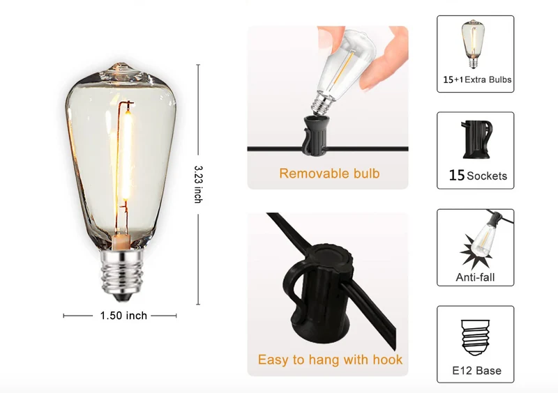 Weerbestendige Tuinverlichting met 15 Onbreekbare Lampen 10 Meter Snoer Zwart Tuinverlichting Feestverlichting IP44 LED Verlichting Buiten | Sansoti