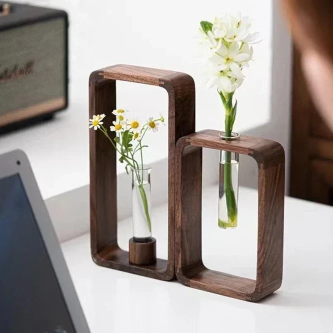 Glazen Plantenvaasje met Houten Standaard voor Stekjes en Hydrocultuur | Sansoti