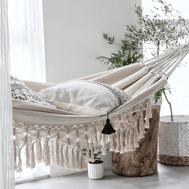 Handgeweven Hangmat Katoenen Touw Boho-Stijl Tweepersoons Draagbaar 200x150cm | Sansoti